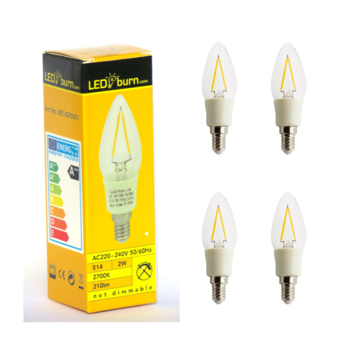 LEDitburn 4 PCS E14 LED Candle Filament Bulb 2 Watt (equals 20W) A++ 210lm warm white 240V not dimm