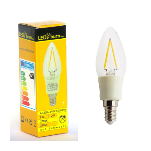LEDitburn E14 LED Candle Filament Bulb 2 Watt (equals 20W) A++ 210lm warm white 240V not dimmable