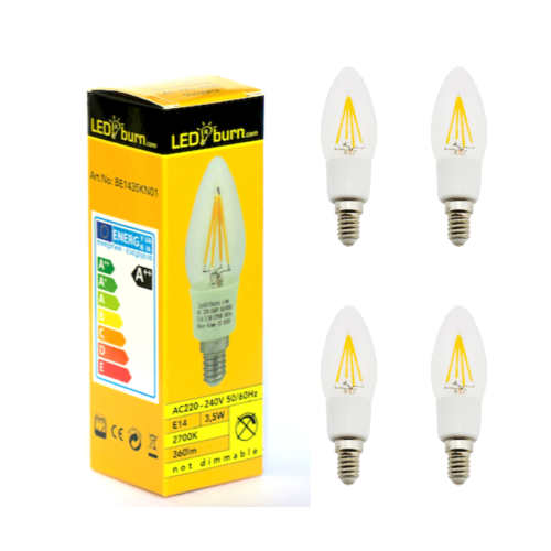 LEDitburn 4 PCS E14 LED Candle Filament Bulb 3.5 Watt (equals 35W) A++ 360lm warm white 240V