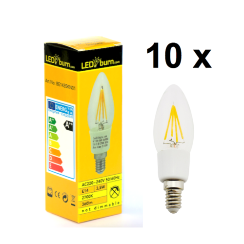 LEDitburn 10 PCS E14 LED Candle Filament Bulb 3.5 Watt (equals 35W) A++ 360lm warm white 240V