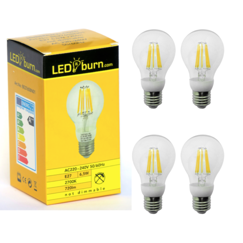 LEDitburn 4 PCS E27 LED Filament Bulb 6.5 Watt (equals 60W) A++ 720lm warm white 240V not dimmable