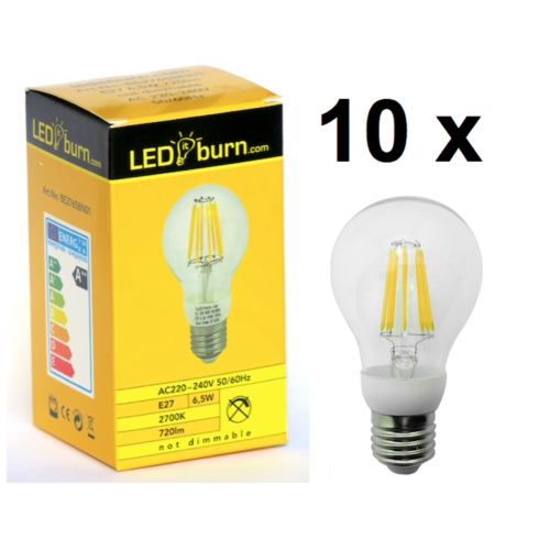 LEDitburn 10 PCS E27 LED Filament Bulb 6.5 Watt (equals 60W) A++ 720lm warm white 240V not dimmable