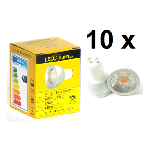 LEDitburn 10 PCS GU10 LED Spot 6 Watt (equals 40W) A+ 450lm warm white 240V not dimmable