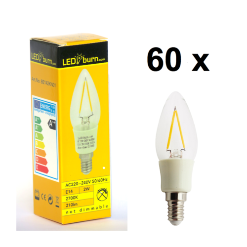 LEDitburn 60 PCS SUPERPACK E14 LED Candle Filament Bulb 2 Watt A++ 210lm warm white 240V