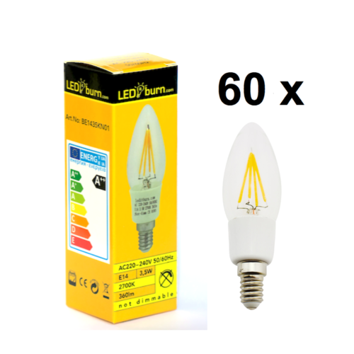 LEDitburn 60 PCS SUPERPACK E14 LED Candle Filament Bulb 3.5 Watt A++ 360lm warm white 240V