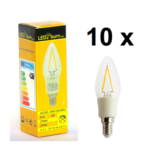LEDitburn 10er Pack E14 LED Kerze Fadenlampe klar 2 Watt (ersetzt 20W) A++ 210lm warmweiß 240V